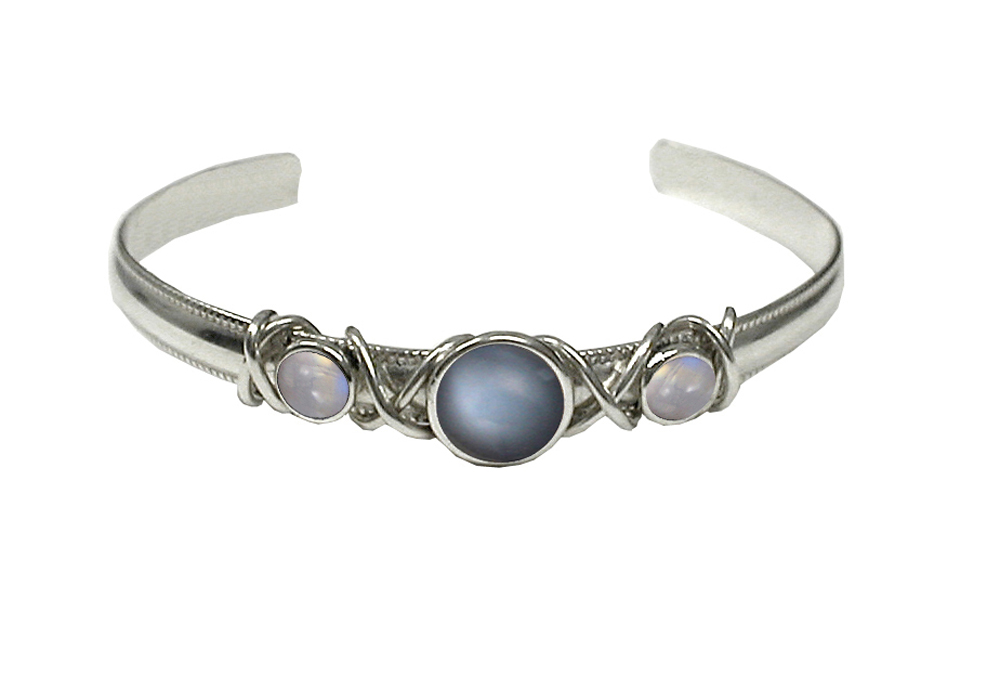 Sterling Silver Hand Made Cuff Bracelet With Grey Moonstone And Rainbow Moonstone